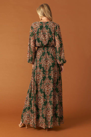 The Fame Woven Maxi Dress with Surplice Neckline and Smocked Cuffs