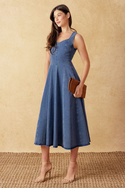 DENIM DREAMS SWEETHEART MIDI DRESS