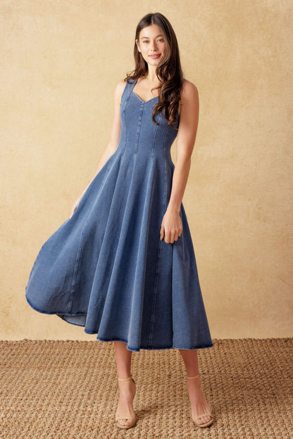 DENIM DREAMS SWEETHEART MIDI DRESS