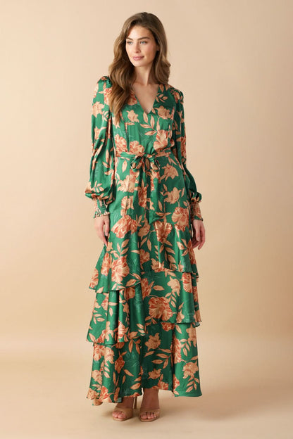 SUMMIT SLOPE PRINTED V NECK MAXI DRESS