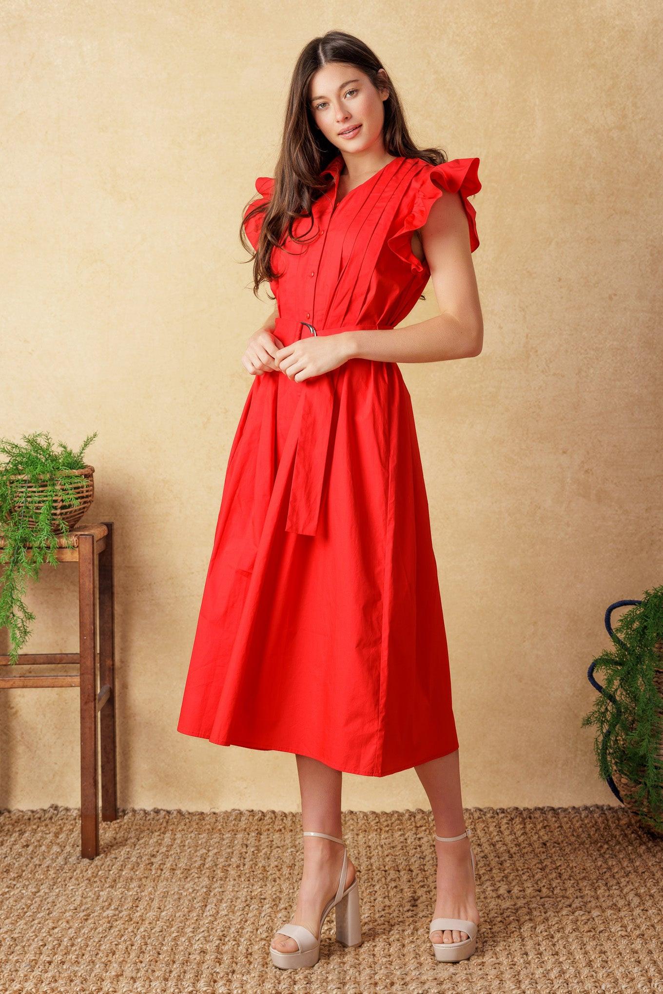 Flying Tomato Glimpse in Time Woven Midi Dress, emphasizing the unique neckline and delicate sleeve design.