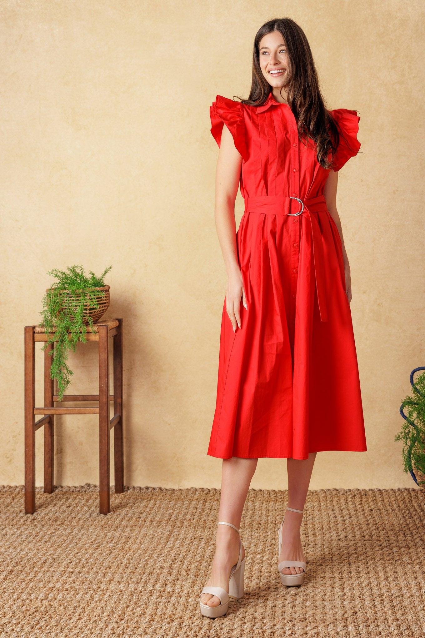 Detailed shot of the premium, soft woven material of the Flying Tomato Glimpse in Time Midi Dress, highlighting its quality.