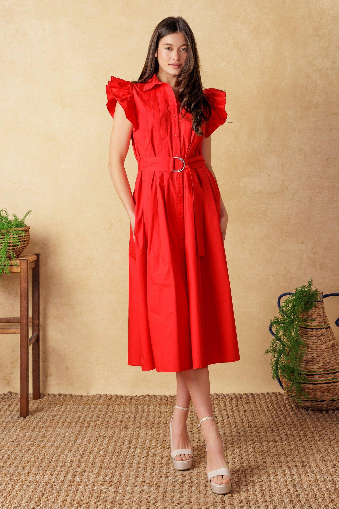 Flying Tomato Glimpse in Time Woven Midi Dress in a dynamic pose, showcasing its movement and timeless appeal.