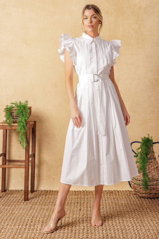 Flying Tomato Glimpse in Time Woven Midi Dress, showcasing its elegant full silhouette and quality woven fabric.