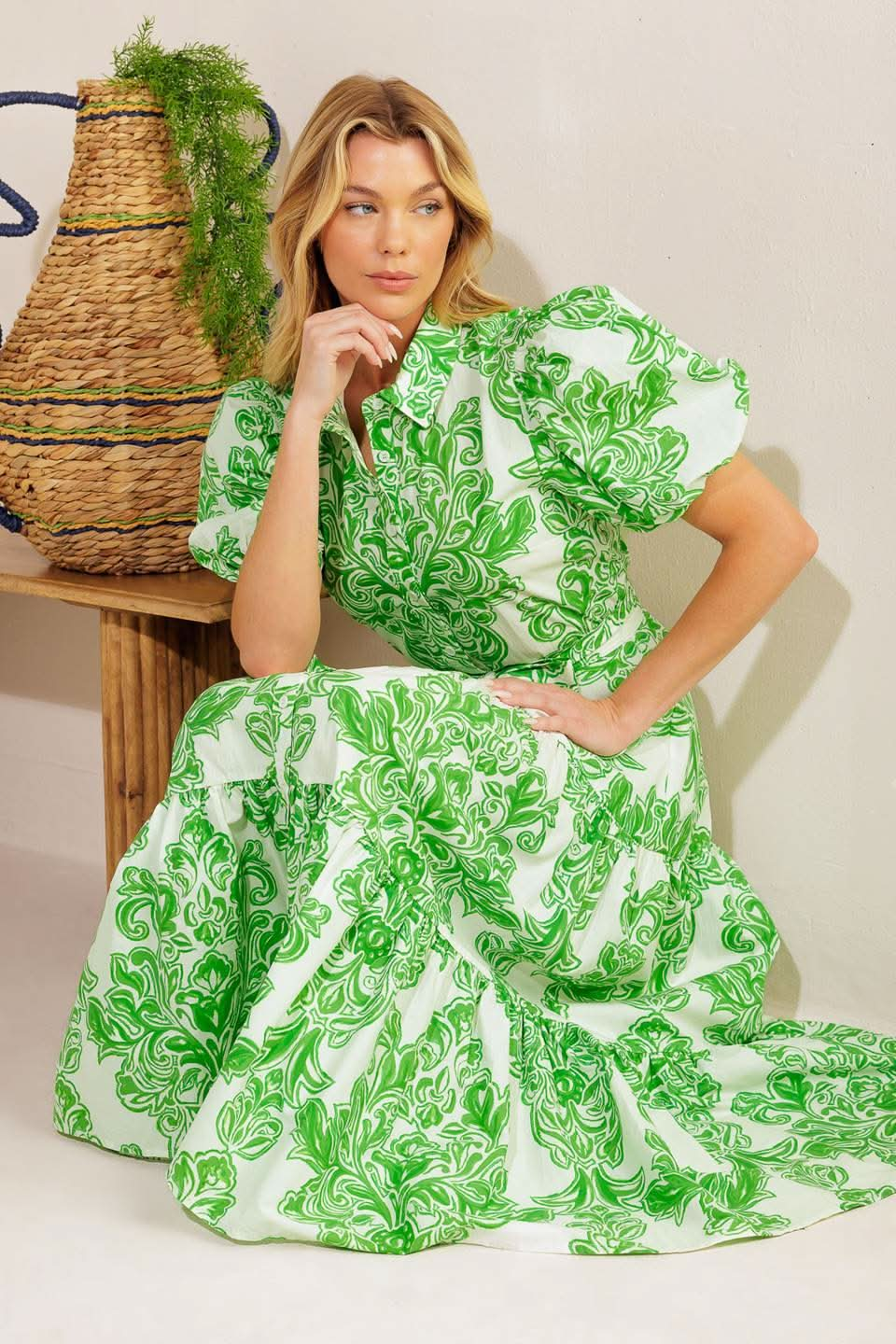 Charming Printed Midi Dress with Puff Sleeves