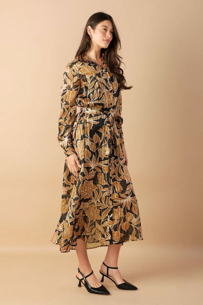 WOVEN MIDI DRESS WITH SHIRT COLLAR AND SASH