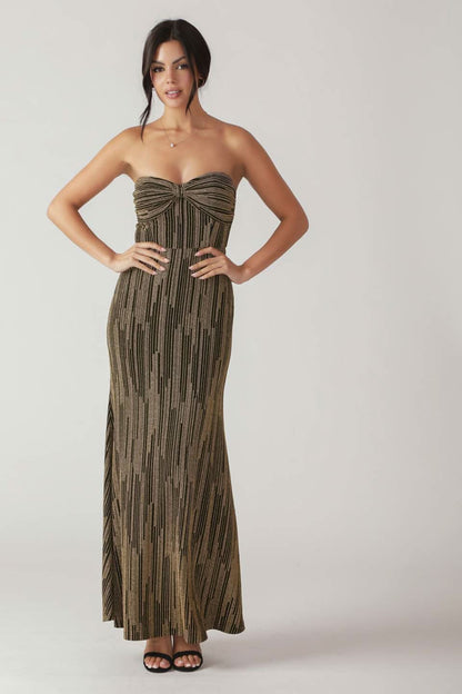 METALLIC WOVEN MERMAID MAXI DRESS WITH BOW BODICE