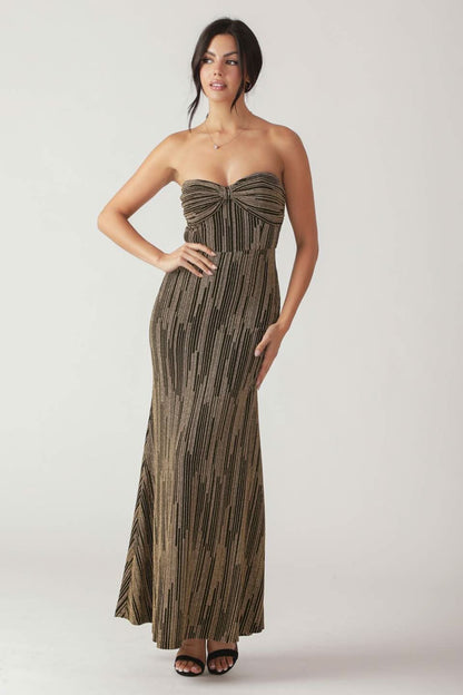 METALLIC WOVEN MERMAID MAXI DRESS WITH BOW BODICE