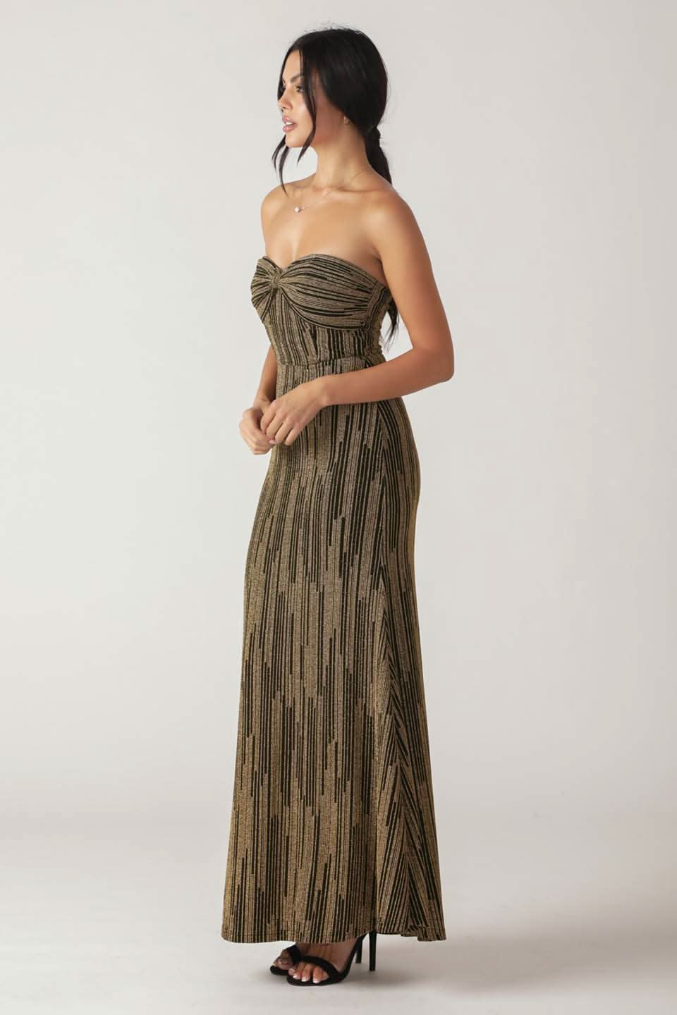 METALLIC WOVEN MERMAID MAXI DRESS WITH BOW BODICE