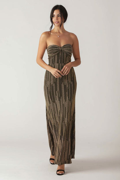 METALLIC WOVEN MERMAID MAXI DRESS WITH BOW BODICE