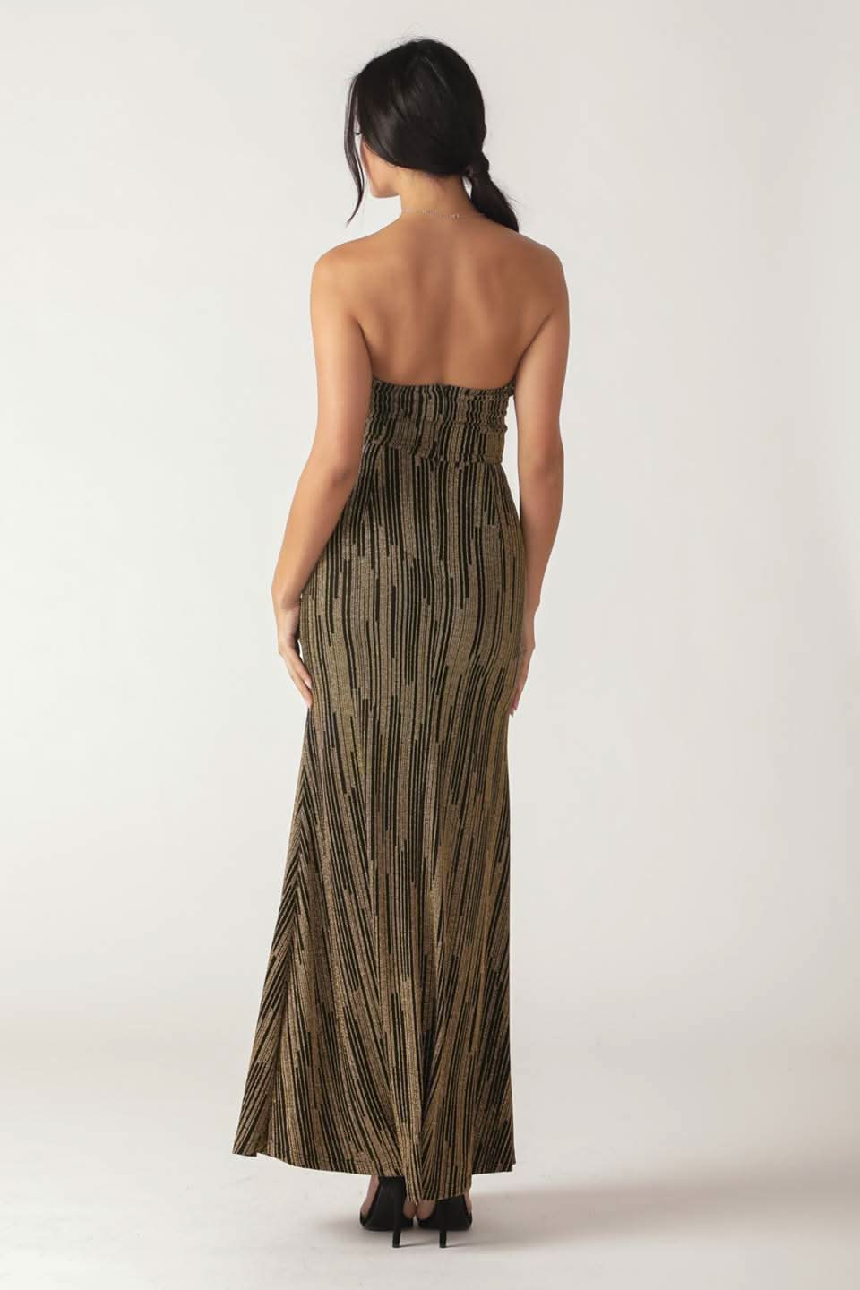 METALLIC WOVEN MERMAID MAXI DRESS WITH BOW BODICE