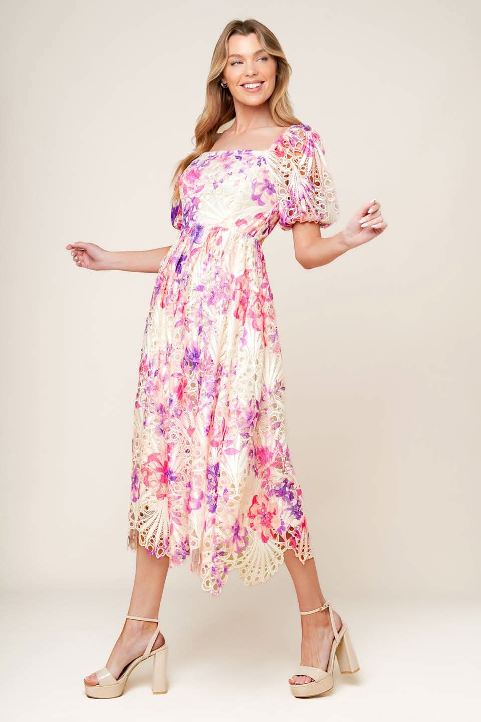 EPITOME OF ALLURE FLORAL WOVEN MIDI DRESS