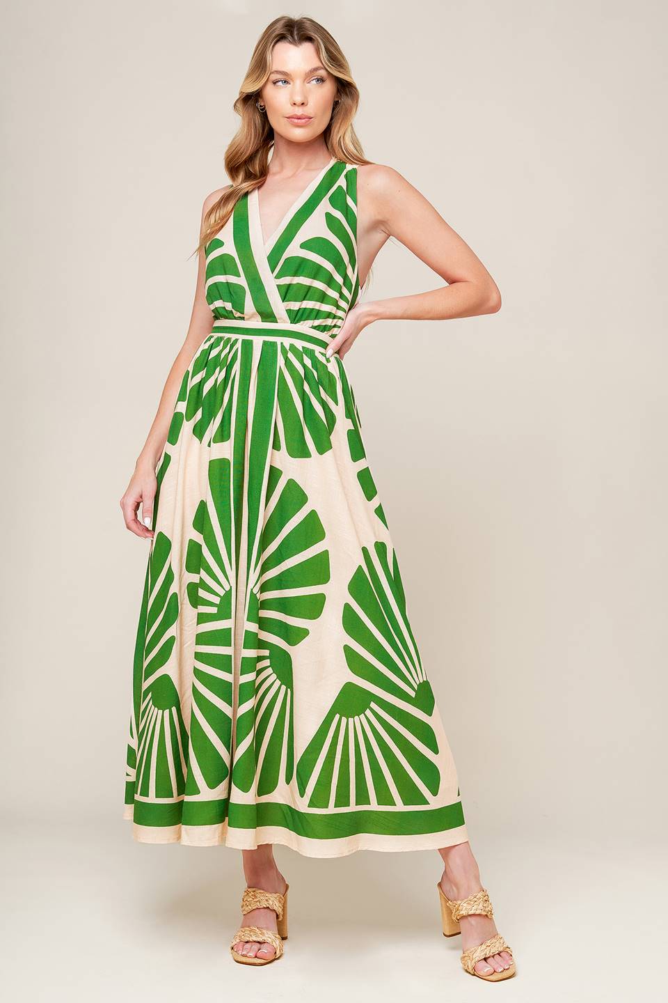 Green Palm Leaf Print Woven Midi Dress With Surplice Neckline Back Tie Flying Tomato