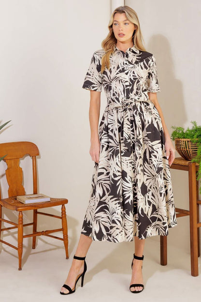 Woven Midi Dress with Collar and Sash Tie