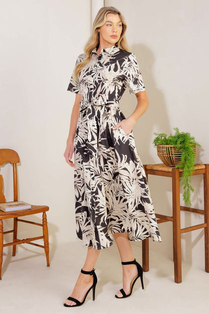 Woven Midi Dress with Collar and Sash Tie