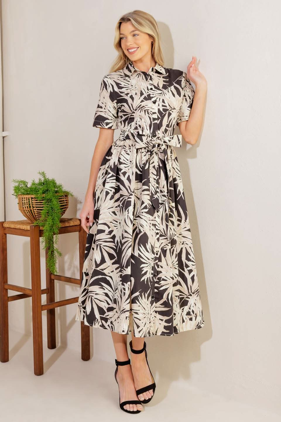 Woven Midi Dress with Collar and Sash Tie