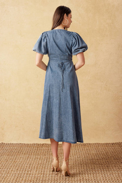 FOREVER MINE LIGHT WEIGHT DENIM MIDI DRESS