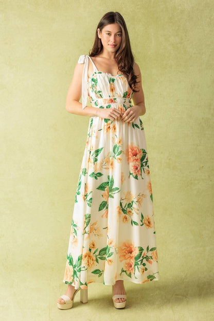 WOVEN MAXI DRESS WITH RUFFLED NECKLINE