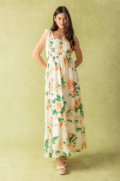 WOVEN MAXI DRESS WITH RUFFLED NECKLINE