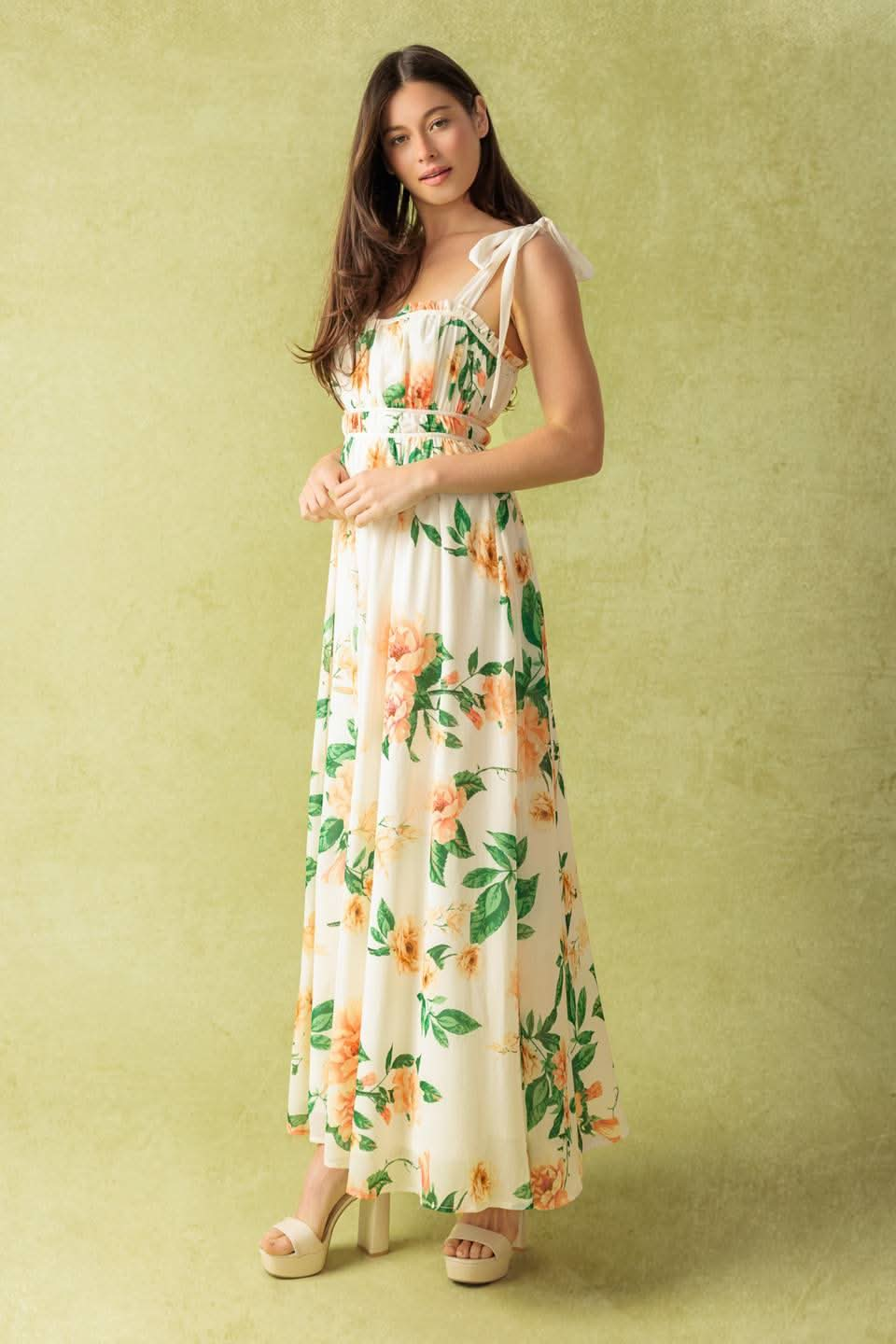 WOVEN MAXI DRESS WITH RUFFLED NECKLINE