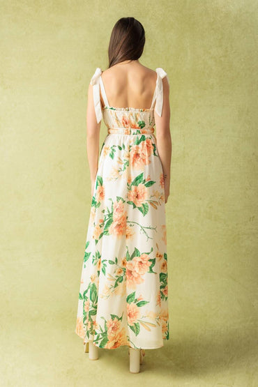 WOVEN MAXI DRESS WITH RUFFLED NECKLINE