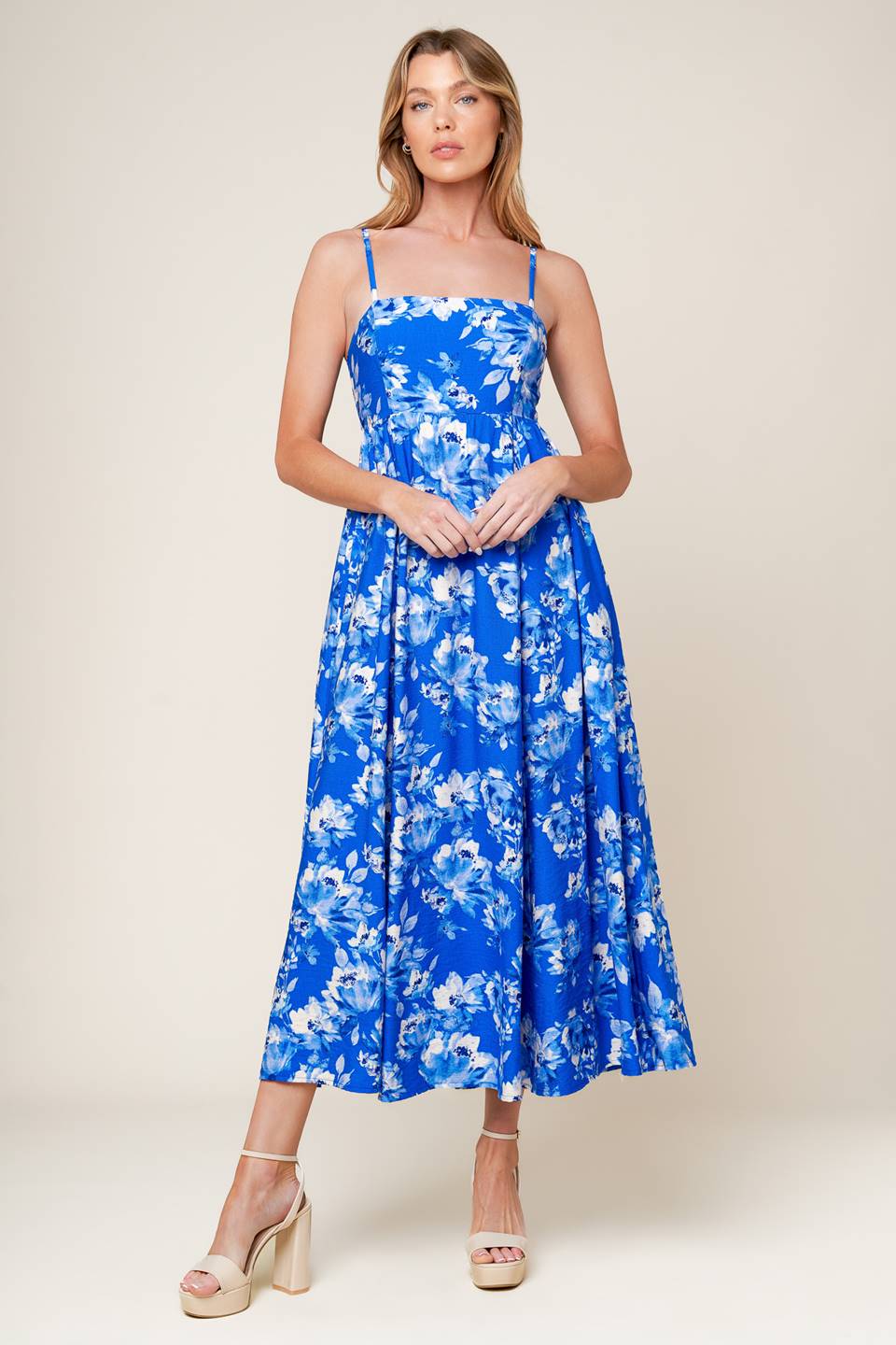 ELEGANT EDGE BLUE WOVEN MIDI DRESS Flying Tomato