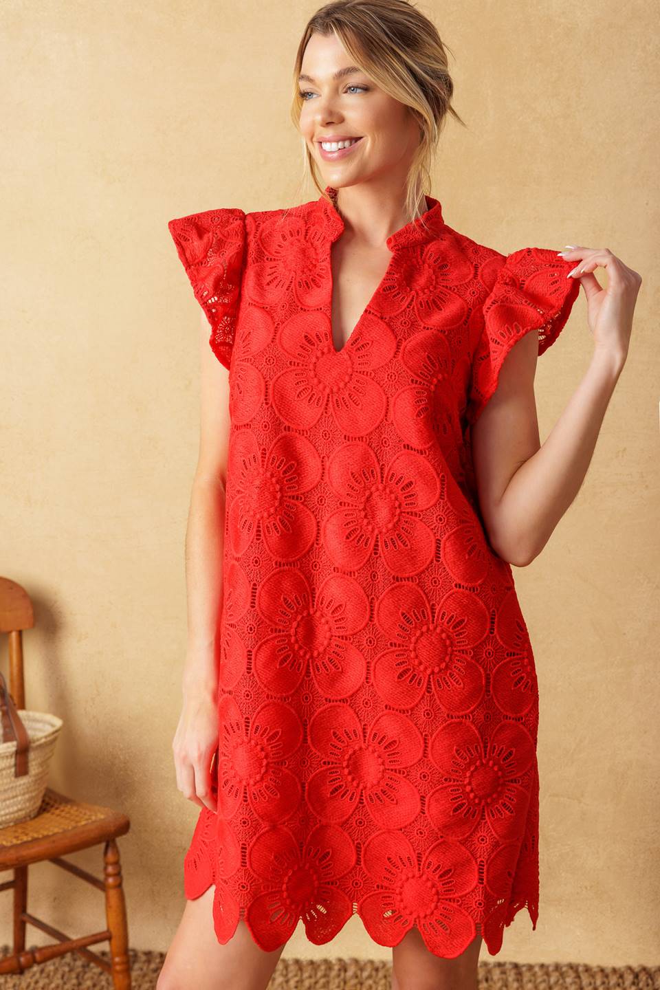 FLEETING WHISPERS LACE WOVEN MINI DRESS Flying Tomato