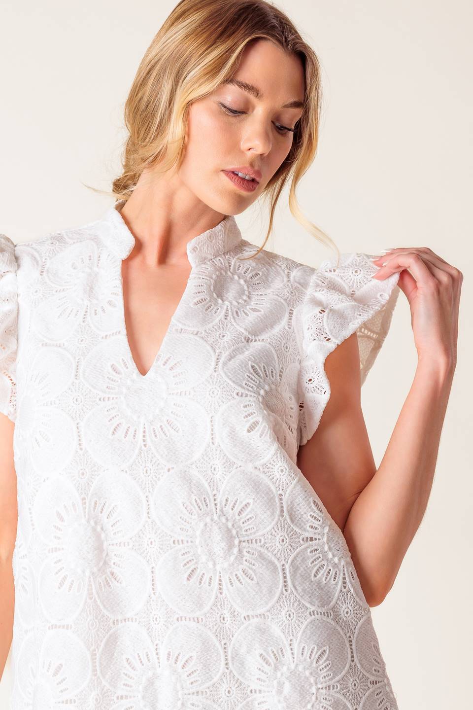 FLEETING WHISPERS LACE WOVEN MINI DRESS Flying Tomato