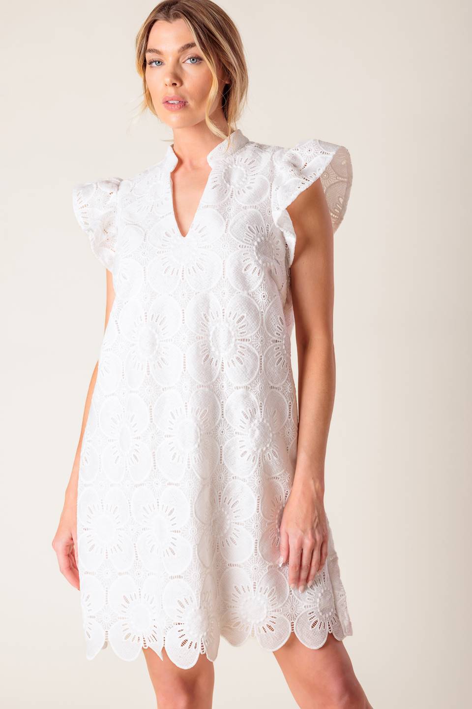 FLEETING WHISPERS LACE WOVEN MINI DRESS Flying Tomato