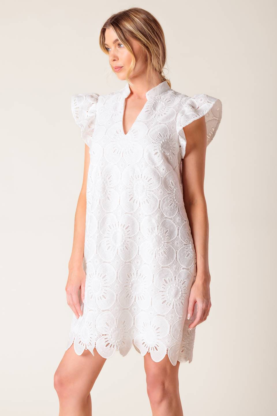 FLEETING WHISPERS LACE WOVEN MINI DRESS Flying Tomato