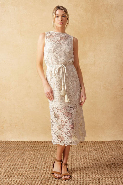 ELEGANT LACE MIDI DRESS WITH BRAIDED BELT