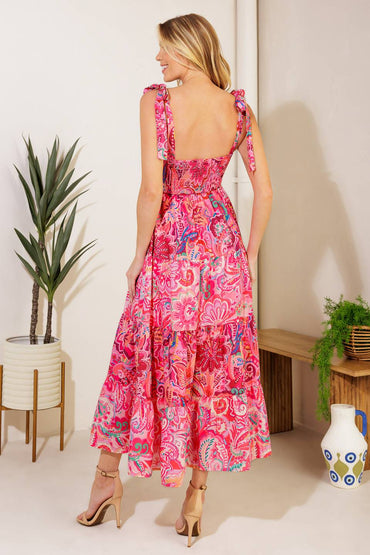 Fuchsia Woven Midi Dress with Straight Neckline and Shoulder Ties