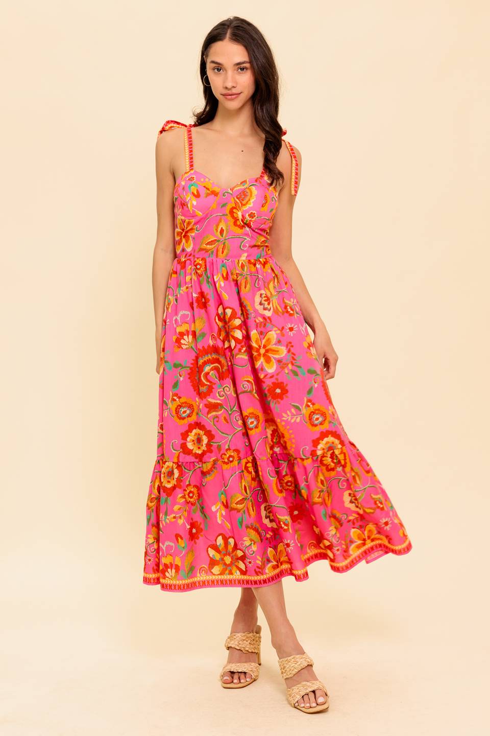 GARDEN GATHERING PINK WOVEN MIDI DRESS Flying Tomato