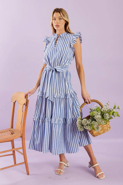 Stripes and Ruffles Woven Midi Dress