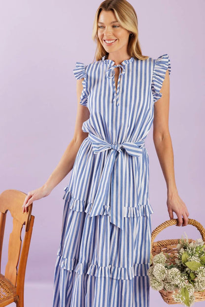 Stripes and Ruffles Woven Midi Dress