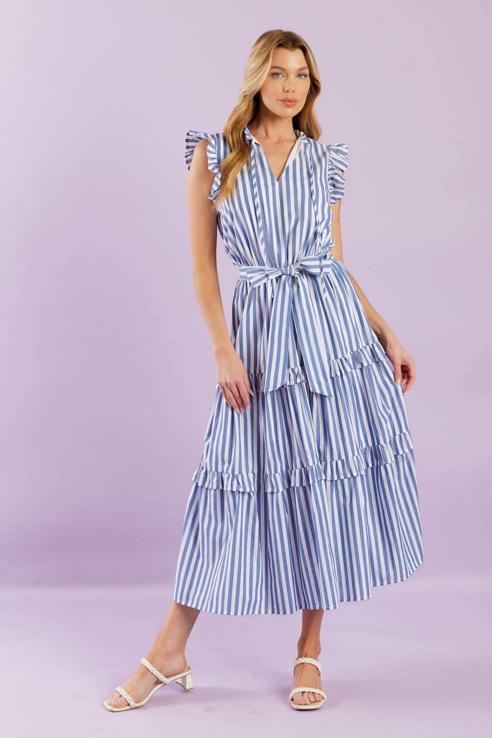 Stripes and Ruffles Woven Midi Dress