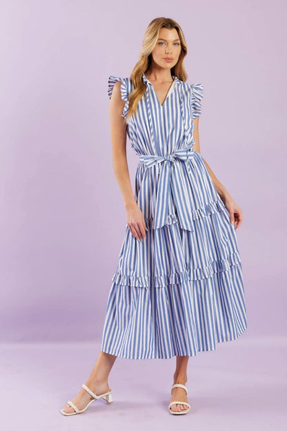 Stripes and Ruffles Woven Midi Dress