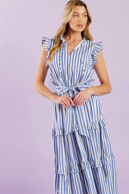 Stripes and Ruffles Woven Midi Dress