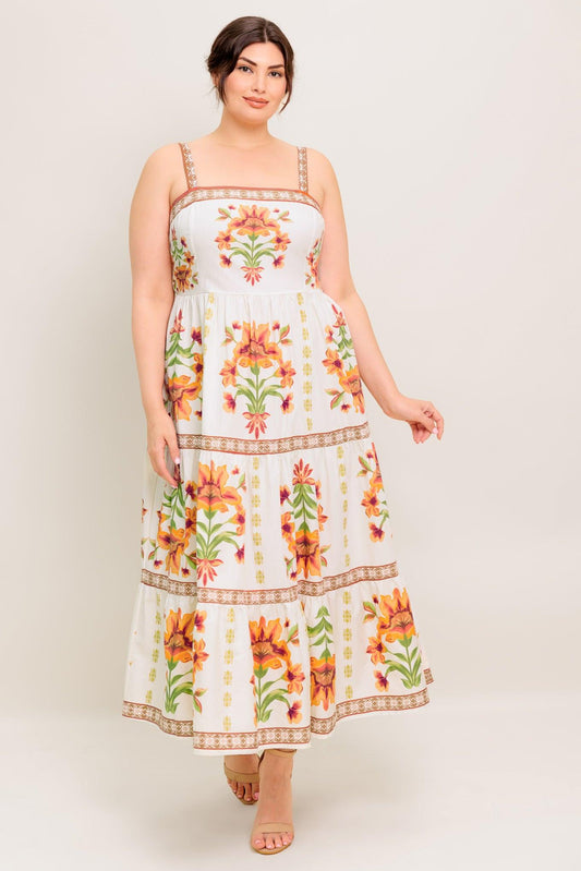 Front view of the Flying Tomato Loveliest Muse Ivory Woven Midi Dress. This elegant dress features a flattering silhouette an