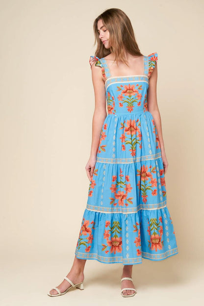 LOVELIEST MUSE BLUE WOVEN MIDI DRESS