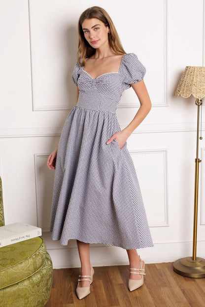 Sweetheart Bow Midi Dress with Gingham Print