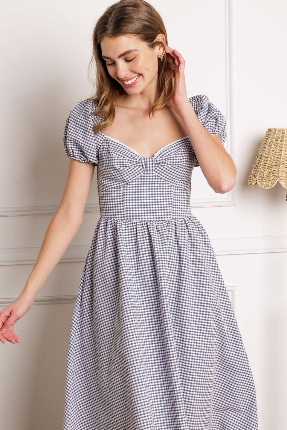 Sweetheart Bow Midi Dress with Gingham Print