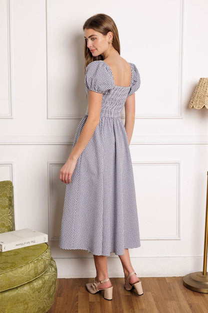 Sweetheart Bow Midi Dress with Gingham Print