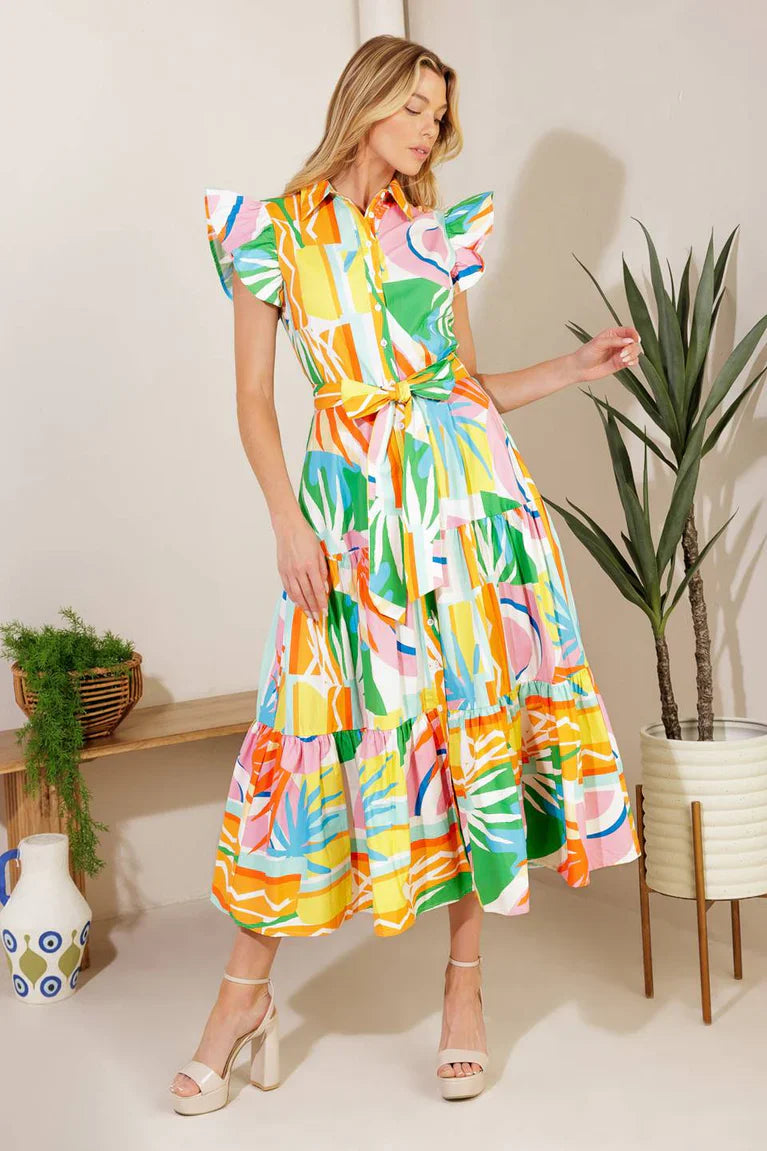 Too Much To Bear Printed Woven Midi Dress With Self Sash Flying Tomato