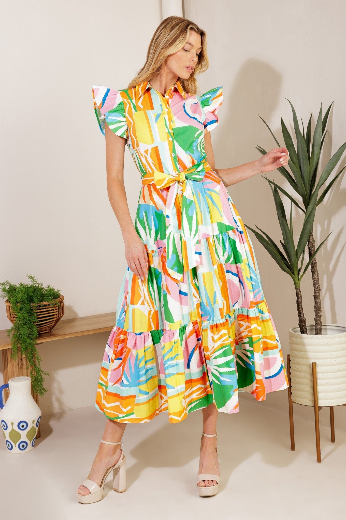 Too Much To Bear Printed Woven Midi Dress With Self Sash Flying Tomato