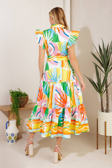 Too Much To Bear Woven Midi Dress with Collar and Ruffled Sleeves
