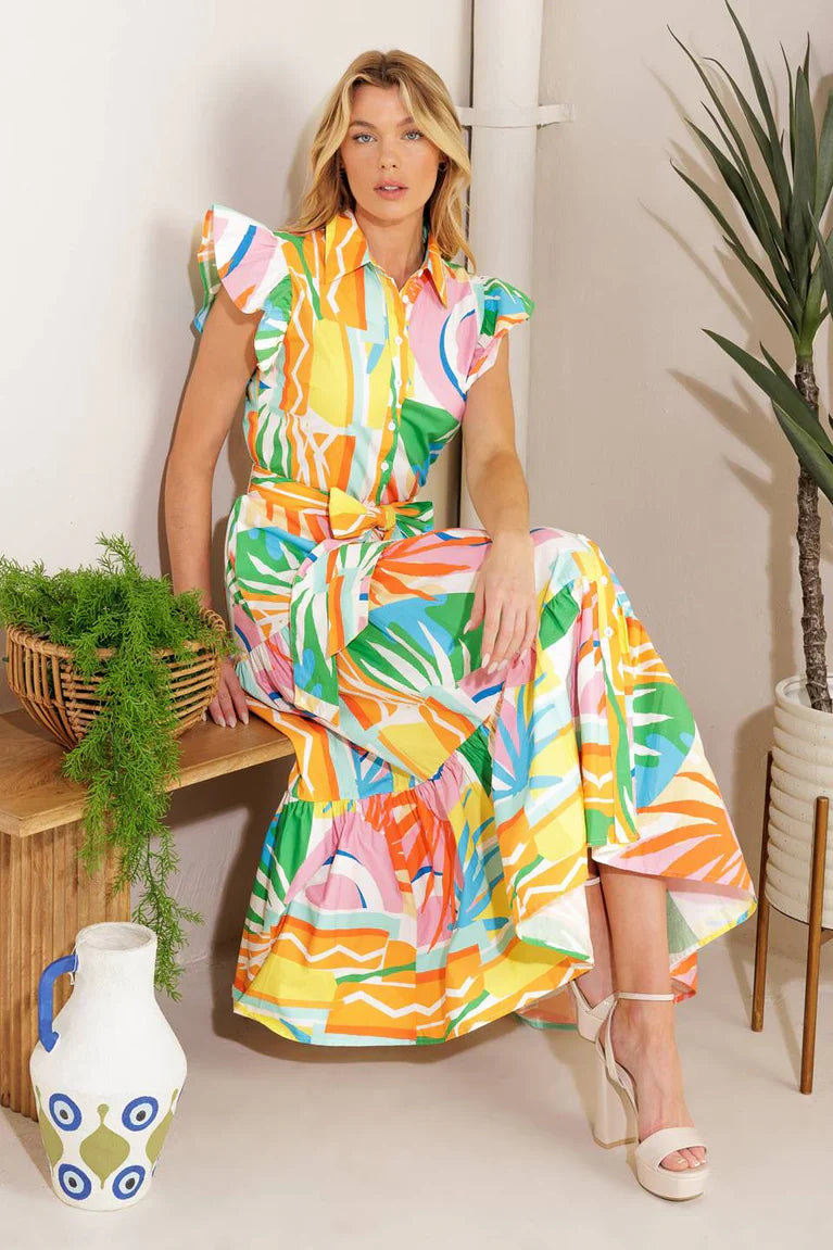 Too Much To Bear Printed Woven Midi Dress With Self Sash Flying Tomato