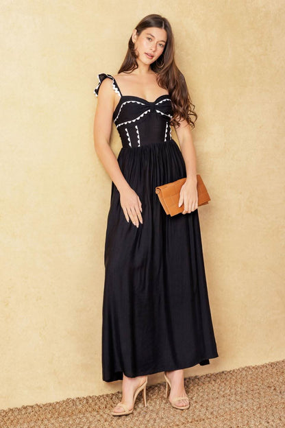 Charming Black Woven Midi Dress with Ruffled Sleeves