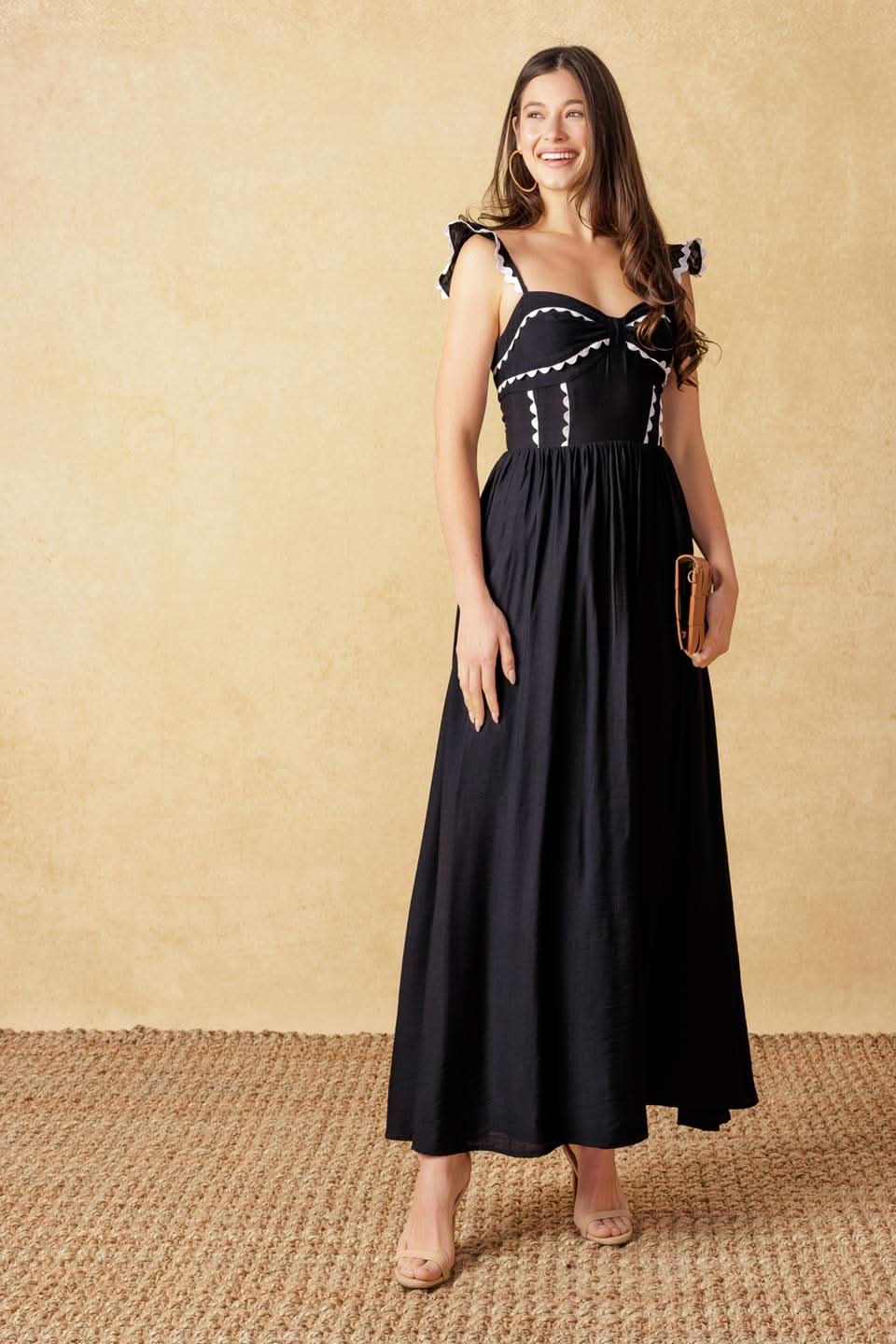 Charming Black Woven Midi Dress with Ruffled Sleeves