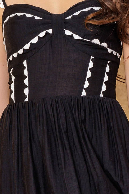 Charming Black Woven Midi Dress with Ruffled Sleeves